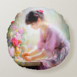 Cojín Redondo Chica en el Jardín de las Flores