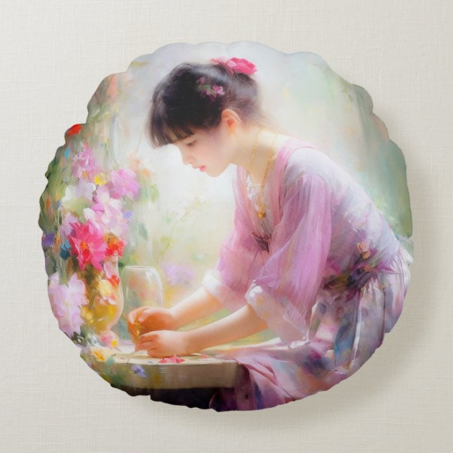 Cojín Redondo Chica en el Jardín de las Flores (Anverso)