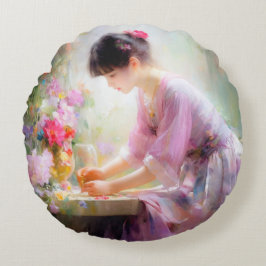Cojín Redondo Chica en el Jardín de las Flores
