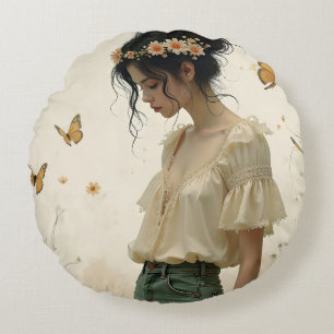 Cojín Redondo Chica Etérea con Mariposas en la Naturaleza