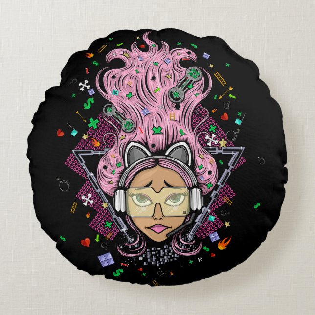 Cojín Redondo Chica Gamer (Anverso)