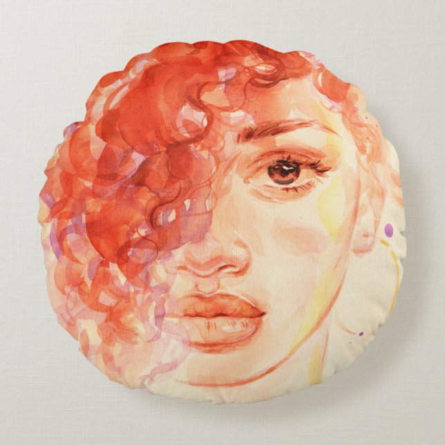 Cojín Redondo Chica hermoso acuarela (Anverso)