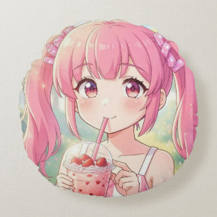 Cojín Redondo Chica linda de anime en rosa bebiendo té de burbuj