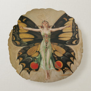 Cojín Redondo Chica Mariposa de Leyendecker Arte Deco Antiguo
