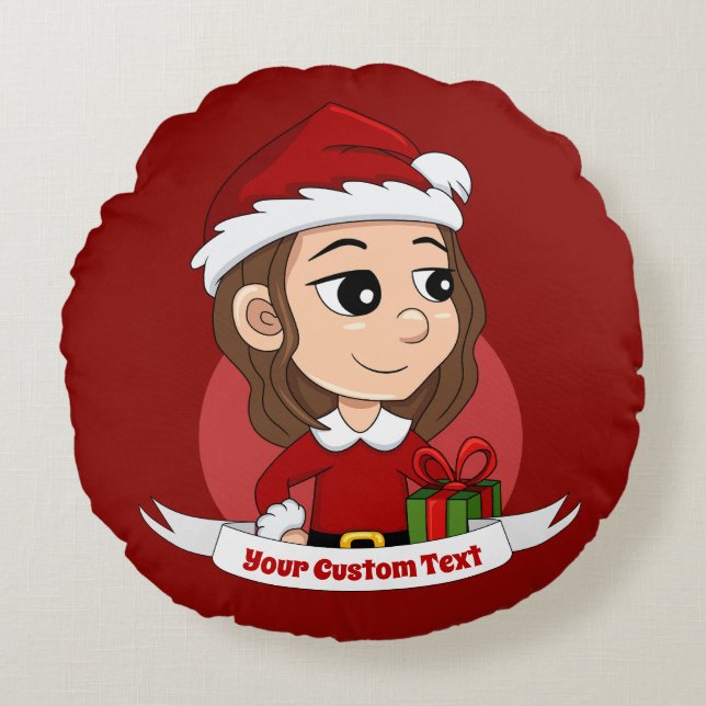 Cojín Redondo chica navidad con pelo ondulado marrón (Anverso)