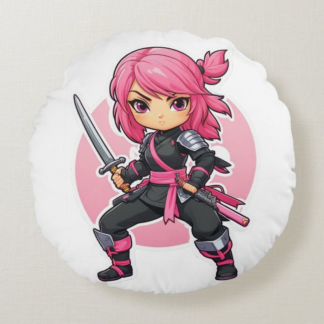 Cojín Redondo Chica Ninja Rosa (Anverso)