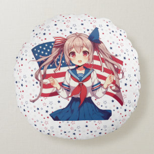 Cojín Redondo CHICA patriótico de anime de Estados Unidos