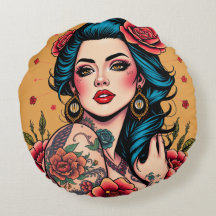 Chica pin up de pelo azul con rosas