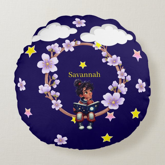 Cojín Redondo Chica usando su imaginación (Anverso)
