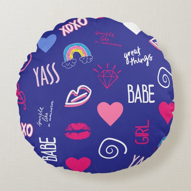 Cojín Redondo chicas diseñan un patrón sin fisuras con eslogan.  (Anverso)