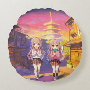 Cojín Redondo Chicas lindas de anime de helado