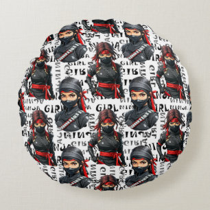 Cojín Redondo Chicas Ninja Anime con diseño de patrón de texto