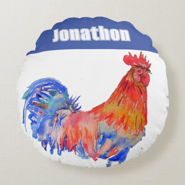 Cojín Redondo Chicken Rooster Bird Kids Boys Name Blue Red (Anverso)
