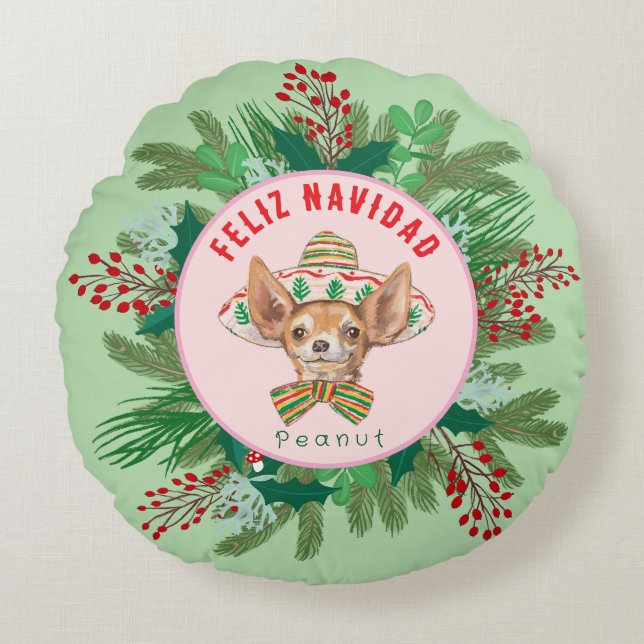 Cojín Redondo Chihuahua Feliz Navidad (Anverso)