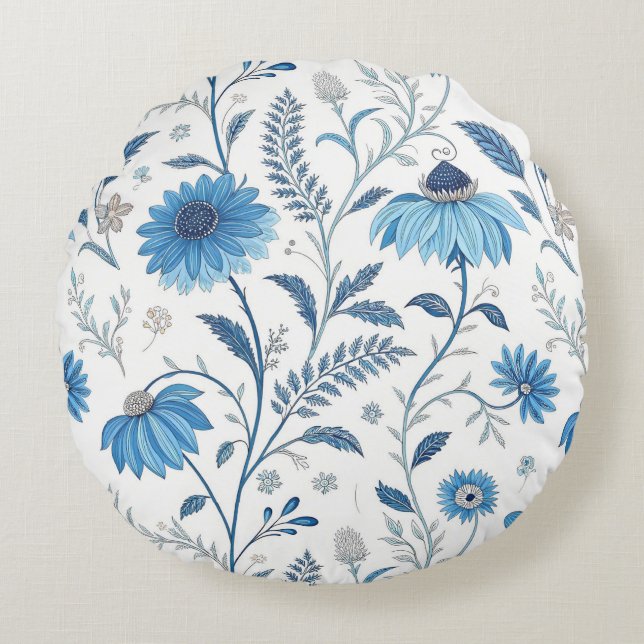 Cojín Redondo Chinoiserie Blue Echinacea Pattern (Anverso)