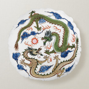 Cojín Redondo Chinoiserie Familia Verde Dragones