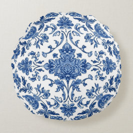 Cojín Redondo Chinoiserie Floral Azul Acuarela Blanca