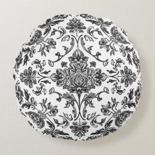 Cojín Redondo Chinoiserie Floral Negro y Blanco Acuarela