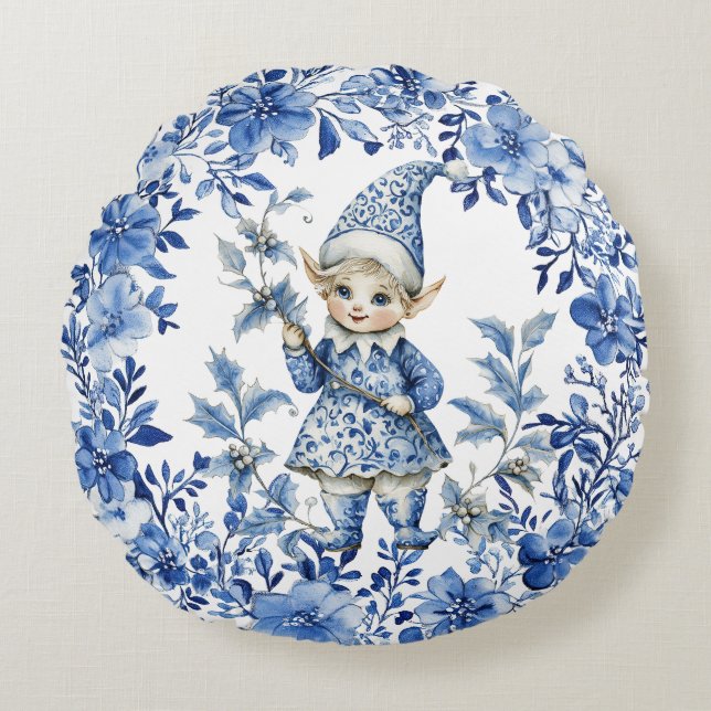 Cojín Redondo Chinoiserie Navidades Blue White Floral Elf (Anverso)