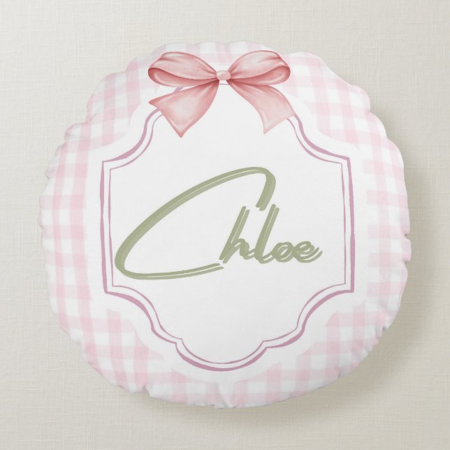 Cojín Redondo Chloe Baby Nursery personalizado Bow&Gingham (Anverso)
