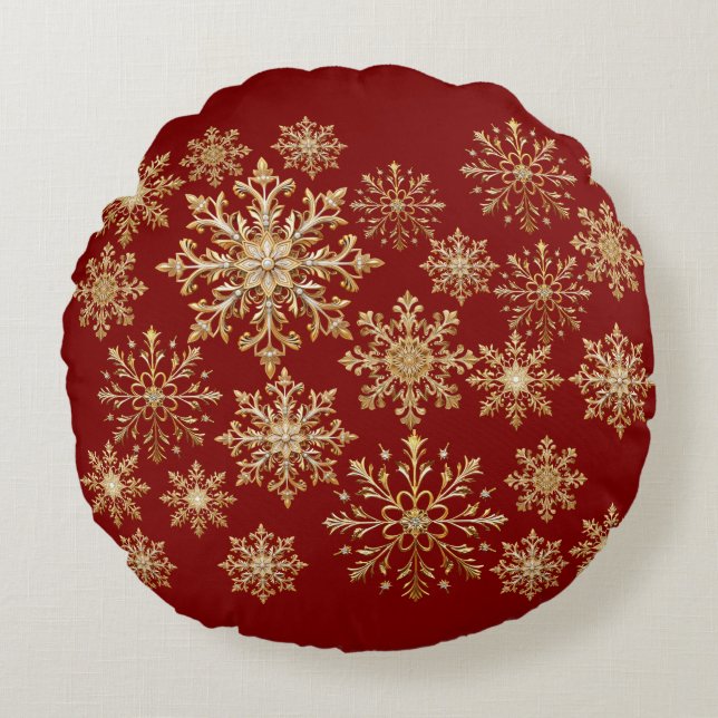 Cojín Redondo Christams Gold and Red Snowflake  (Anverso)