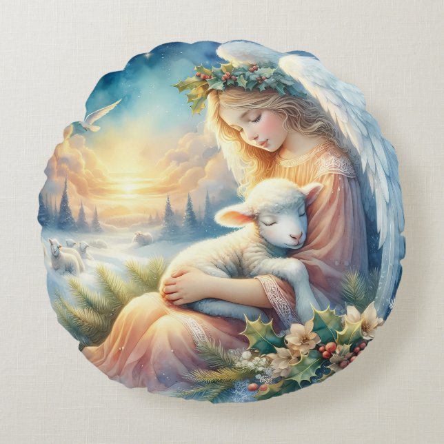 Cojín Redondo Christmas Angel with Lamb in Winter Peace (Anverso)