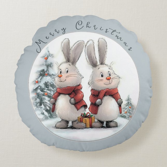 Cojín Redondo Christmas Bunny and gift, personalized (Anverso)