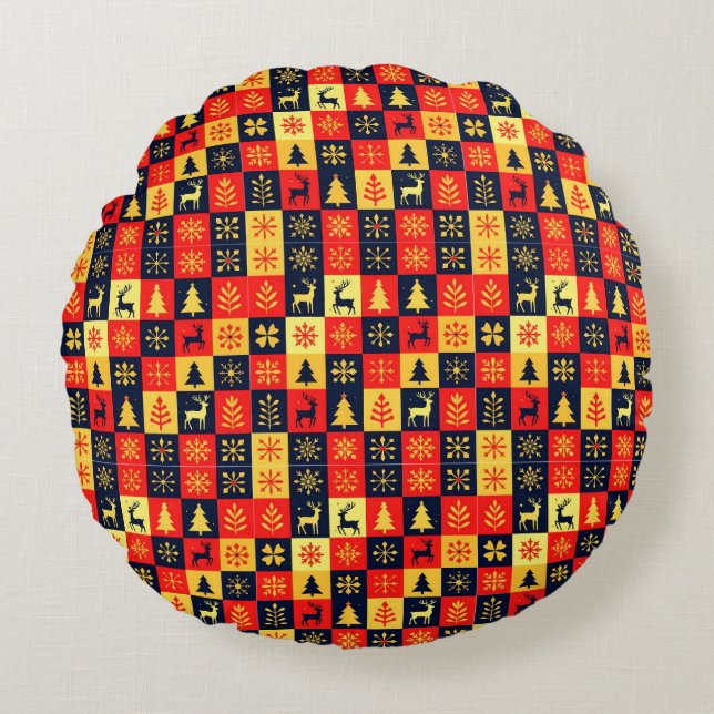 Cojín Redondo Christmas Checkerboard Pattern – Red & Yellow Tree (Anverso)