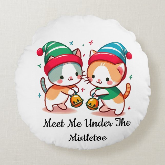 Cojín Redondo Christmas Cute Meet Me Under The MistleToe  (Anverso)