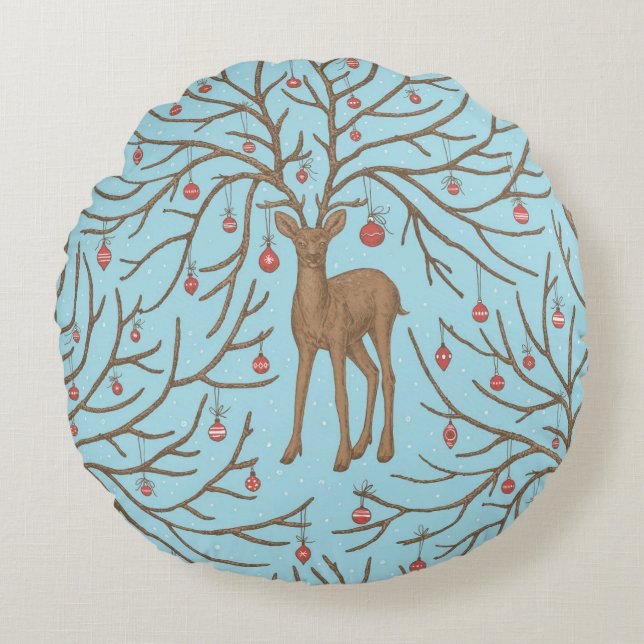Cojín Redondo Christmas deer on blue (Anverso)