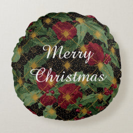 Cojín Redondo Christmas Flowers Pattern,Gold Red Green Black