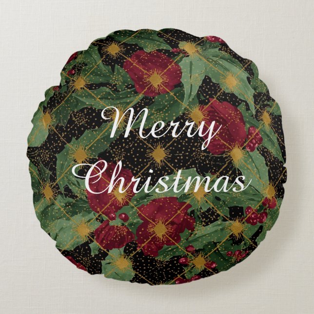 Cojín Redondo Christmas Flowers Pattern,Gold Red Green Black (Anverso)