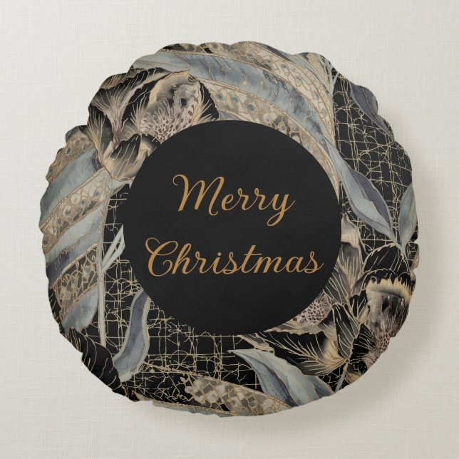 Cojín Redondo Christmas,Merry Christmas,Gold Blue Flowers Leaves (Anverso)