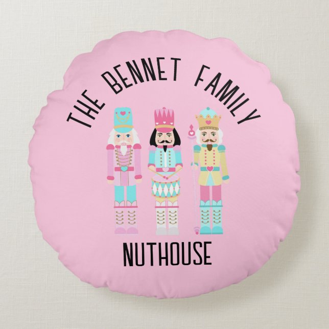 Cojín Redondo Christmas Nutcracker Pastel Personalized Name (Anverso)