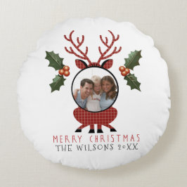 Cojín Redondo Christmas Plaid Reindeer with Personalized Photo