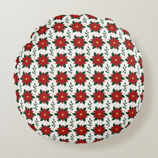 Cojín Redondo Christmas Poinsettia Floral Pattern | Red Green
