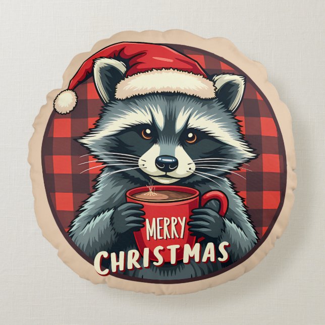 Cojín Redondo Christmas Raccoon Cocoa Cheer (Anverso)
