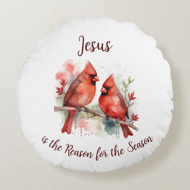 Cojín Redondo Christmas Red Cardinal Jesus Reason for Season (Anverso)