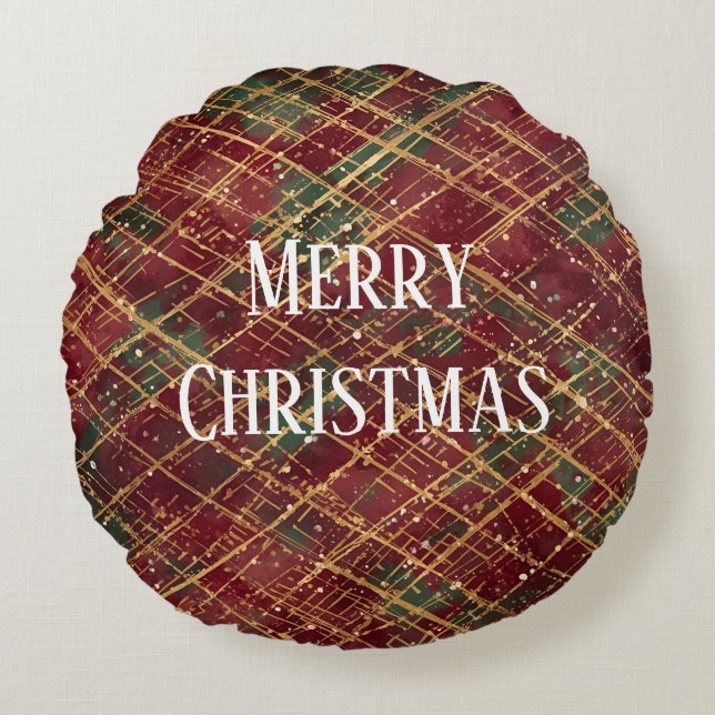 Cojín Redondo Christmas, Red Gold Green ,White Merry Christmas (Anverso)