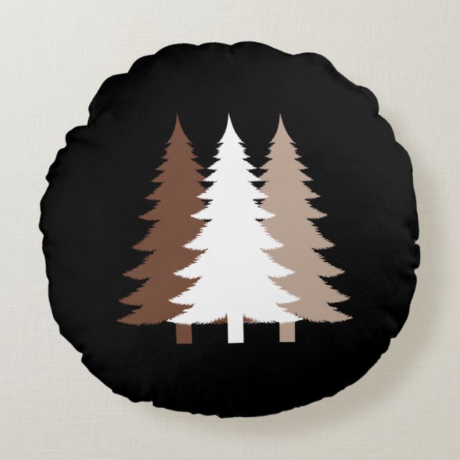 Cojín Redondo Christmas Trees In White & Chocolate Brown Tones (Anverso)