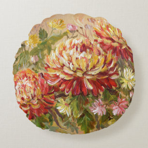 Cojín Redondo Chrysanthemum Meadow: Pintura de mano acrílica.