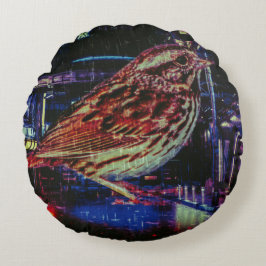 Cojín Redondo Ciberpunk Sparrow en Neon Cityscape