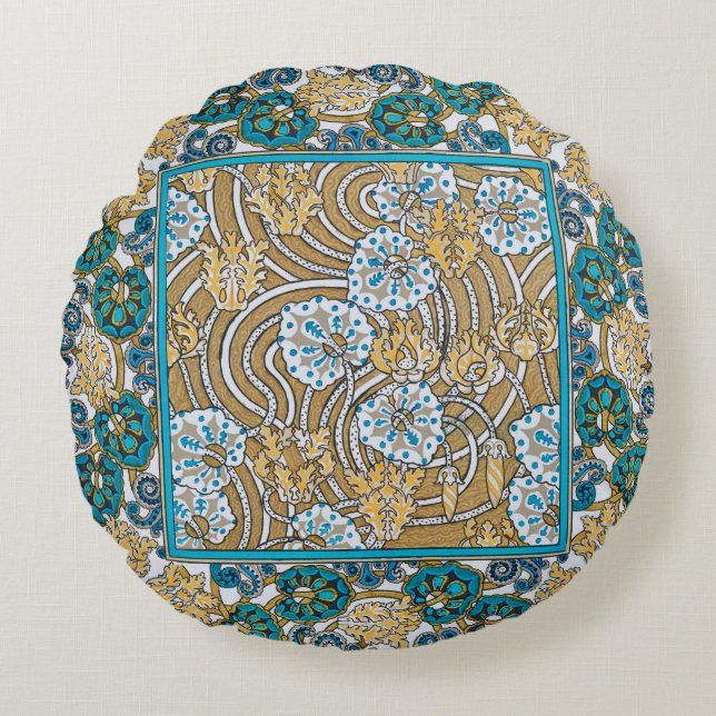 Cojín Redondo ciclamen azul arte nuevo flor botánica (Anverso)