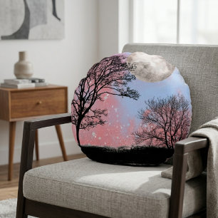 Cojín Redondo Cielo de acuarela rosa y azul, árboles y luna 