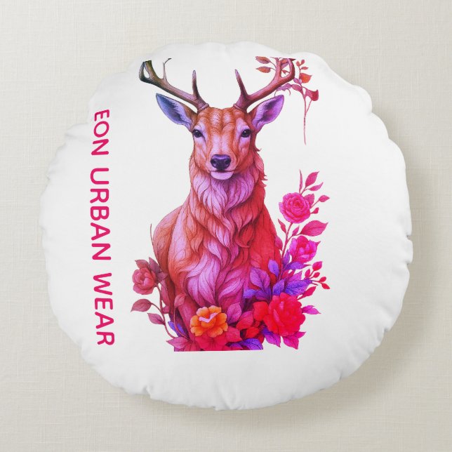 COJÍN REDONDO CIERVO ENTRE FLORES (Anverso)