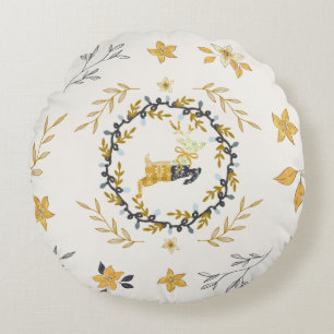 Cojín Redondo Ciervo Floral Crema Amarillo de Navidad