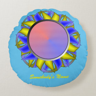 Cojín Redondo Cinta de disco amarillo-azul por Kenneth Yoncich