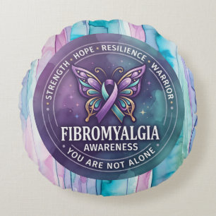 Cojín Redondo Cinta de mariposa de concienciación sobre la fibro