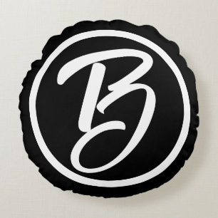 Cojín Redondo Círculo de caligrafía blanca negra en un monograma