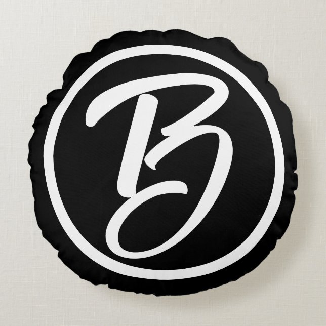 Cojín Redondo Círculo de caligrafía blanca negra en un monograma (Anverso)